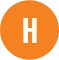 Orange graphic icon of an H