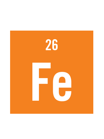 graphic with orange background and white text of Iron chemical element with symbol Fe