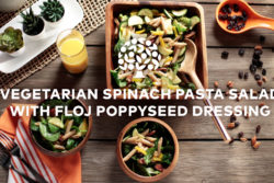 color photo of vegetarian spinach pasta with poppy seed dressing