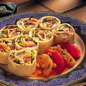 orange jalapeño chicken party pinwheels with grapefruit salsa