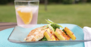 orange sweet and sour chicken with vegetable fried rice