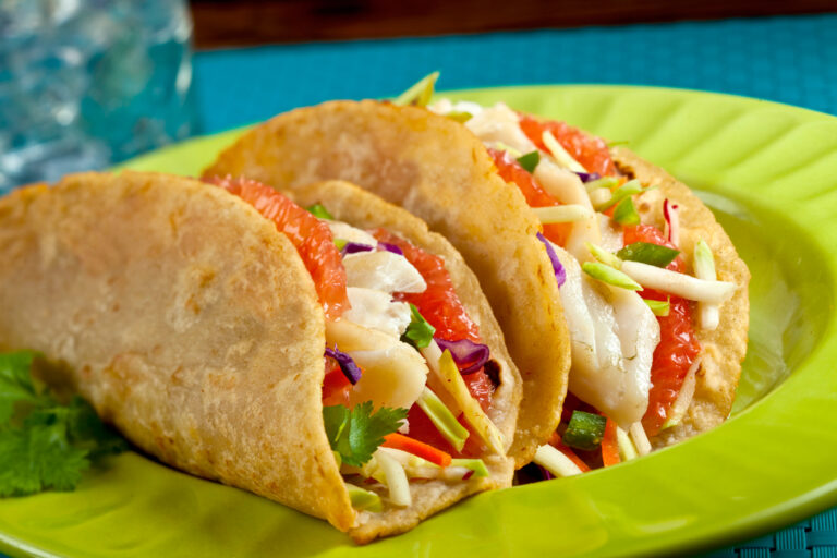 Spicy Fish tacos with a grapefruit cabbage slaw