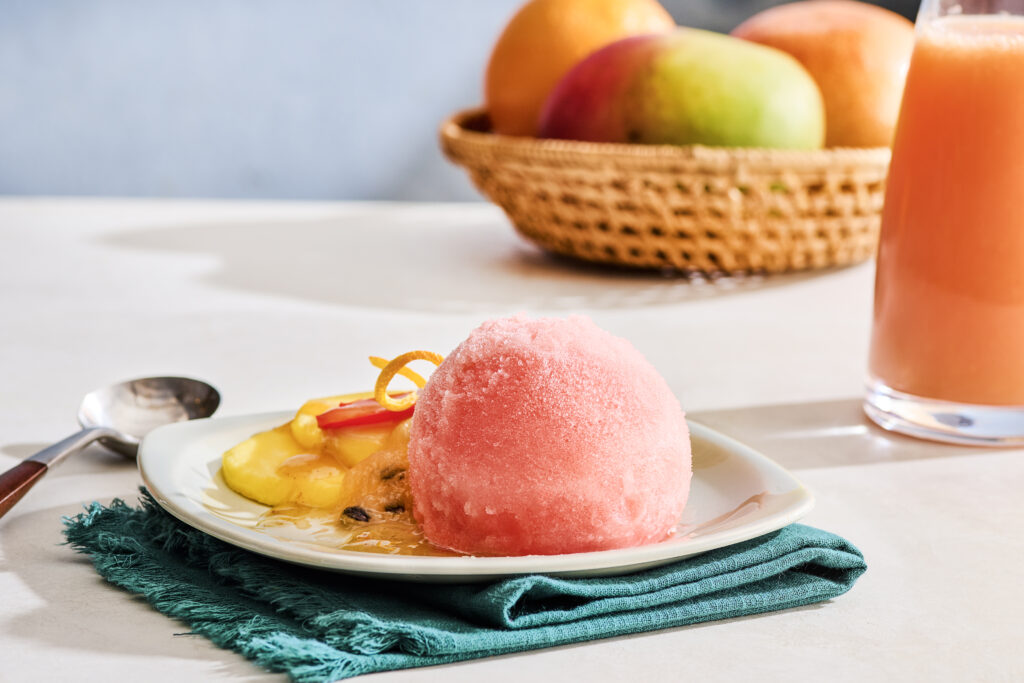 Red Grapefruit Sorbet And Campari With Mango Passion Fruit And Sweet Paprika