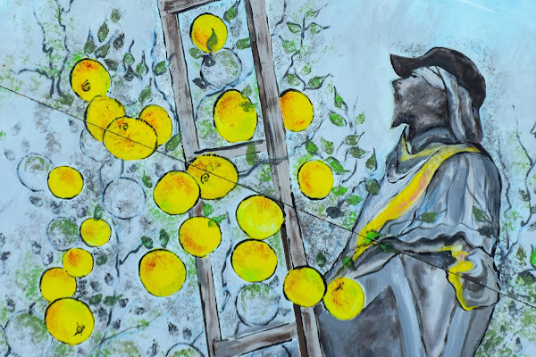 Old painting showing a man looking at bright yellow citrus fruits