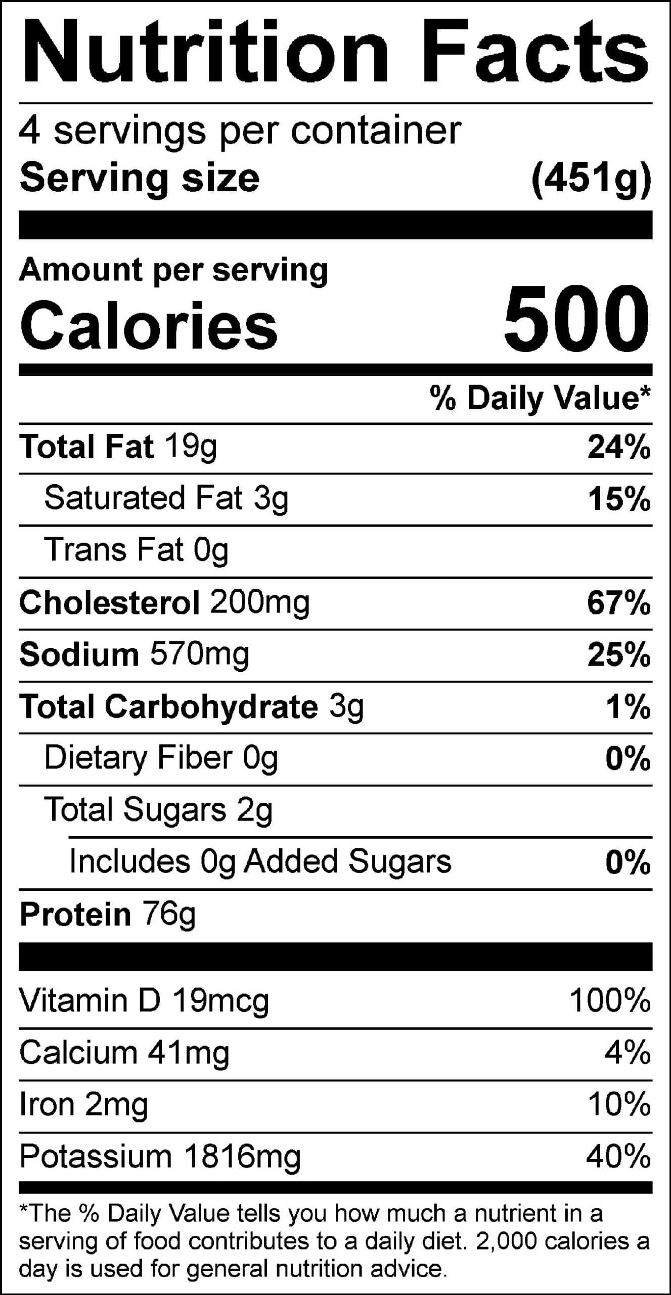 Grilled Halibut Nutrition Facts. Text as follows: 4 servings per container, serving size 451g. Amount per serving: Calories 500; Total Fat 19g (24% DV); Saturated Fat 3g (15% DV); Trans Fat 0g; Cholesterol 200mg (67% DV); Sodium 570mg (25% DV); Total Carbohydrate 3g (1% DV); Dietary Fiber 0g (0% DV); Total Sugars 2g; Protein 76g; Vitamin D 19mcg (100% DV); Calcium 41mg (4% DV); Iron 2mg (10% DV); Potassium 1816mg (40% DV).