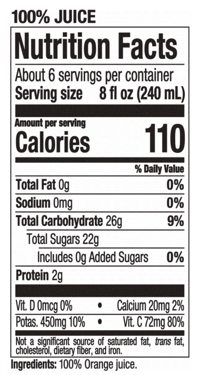 100oj Nutrition Label