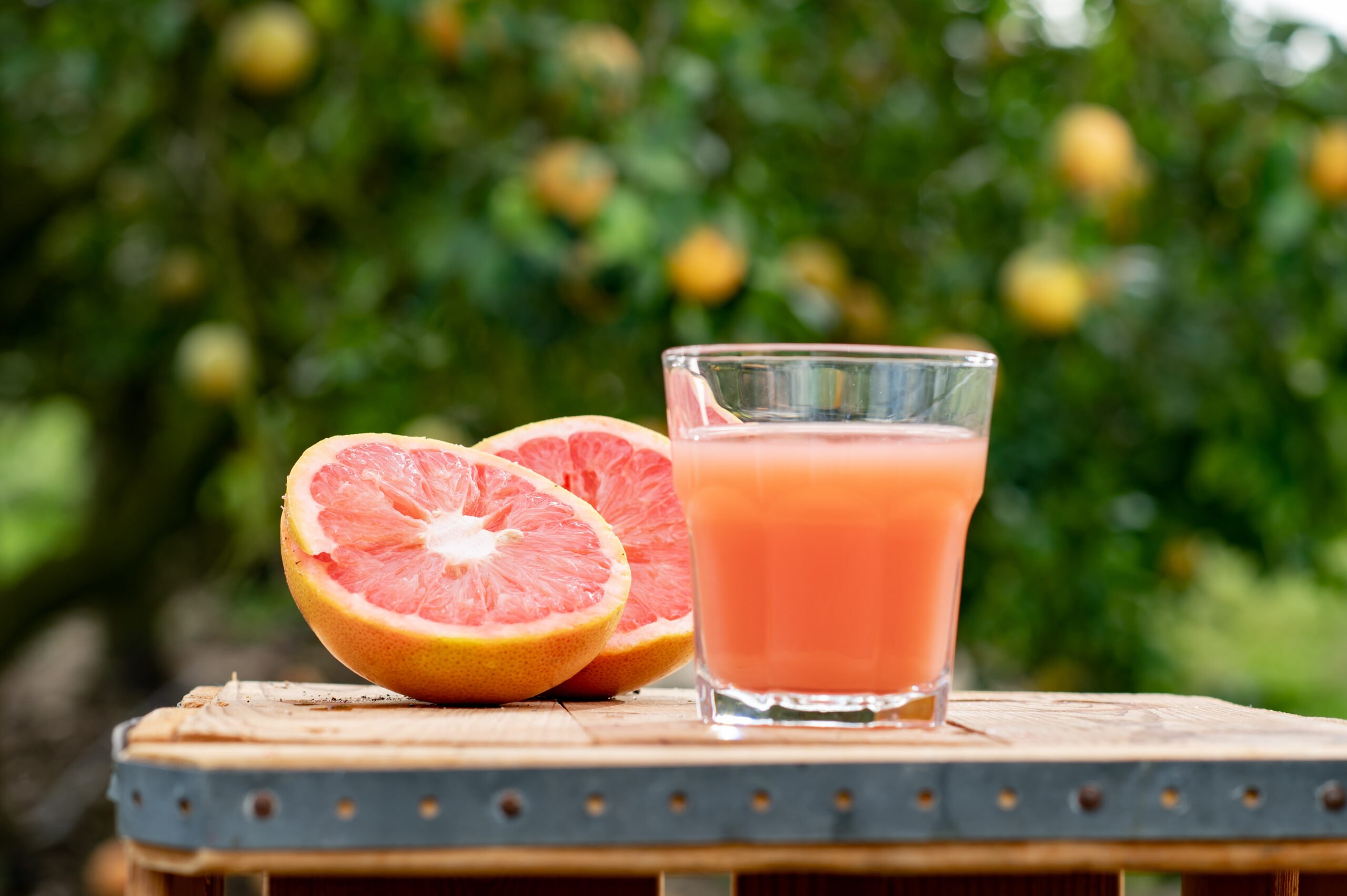 Grapefruit Juice And Sliced Grapefruit On A Table Outside