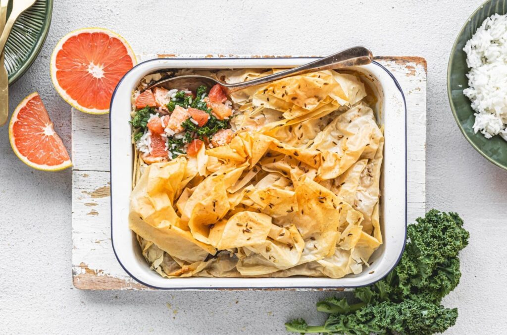 Florida Grapefruit and Salmon Filo Pie