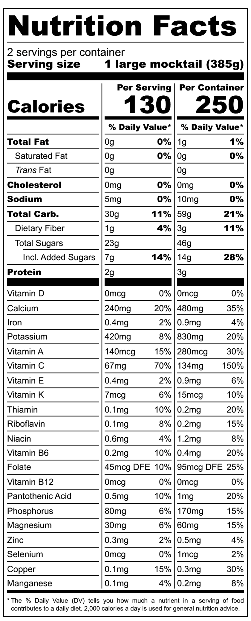 “splash Of Sunshine” Citrus Fizz Mocktail Refresher Nutrition Label